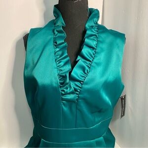 Jessica Howard Teal Satin Dress with Ruffle Neckline